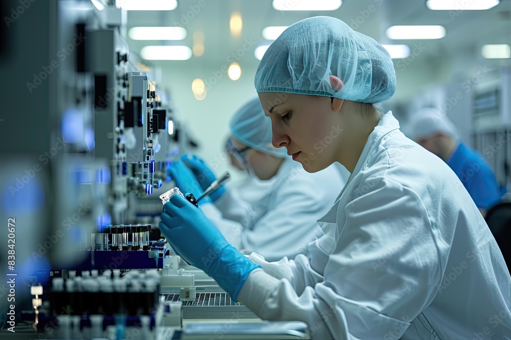 Poster a group of people working in a lab, a group of people working in a lab, Factory technicians assembling medical equipment