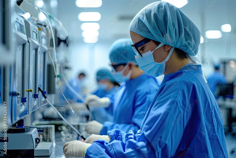 Poster a group of people working in a lab, a group of people working in a lab, Factory technicians assembling medical equipment