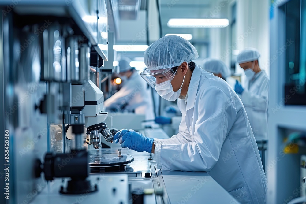 Poster a man working on a machine in a factory, a man working on a machine in a factory, Factory technicians calibrating precision machinery