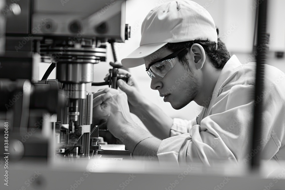 Poster a man working on a machine in a factory, a man working on a machine in a factory, Factory technicians calibrating precision machinery