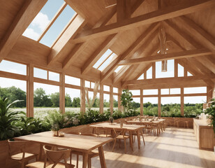 Fototapeta premium Rustic Restaurant Interior with Wooden Furniture and Abundant Natural Light