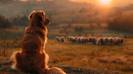 Red dog sits in the foreground, looks at an herd of sheep on green meadow, golden hour light,...