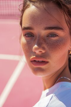 Primer plano de una modelo tenista en una pista de tenis aesthetic, retrato aesthetic en una pista de tenis, close-up tenista modelo