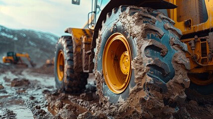 Close up of heavy equipment with large tires on a construction site, with road work in the background. Bulldozer or backhoe. Dirty loader wheels with a large tread with sky sunset.