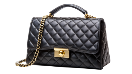a black leather handbag quilted with a gold lock and chain strap. The design of this bag has a diamond-shaped stitching pattern which gives a luxurious and classic impression