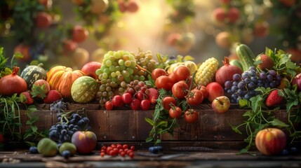 Abundant Fresh Fruit and Vegetable Harvest on Rustic Wooden Table. Generative ai