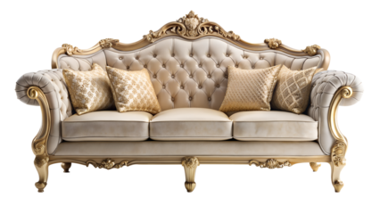 a luxurious classic sofa with an ornate wooden frame. The frame features intricate carvings and has a glossy gold finish