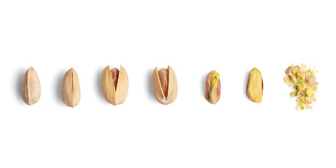 Sequence of pistachio nut opening from closed shell to crushed nut on white background