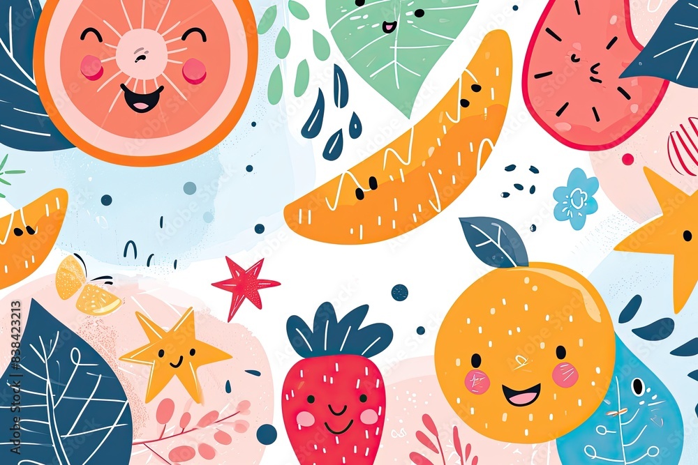 Poster a colorful fruit pattern with a smile on it, a colorful pattern of fruits and vegetables, Happy and cute vector design with lively colors and delightful imagery