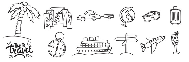 Collection of doodle icons travel. Hand drawn vector art.