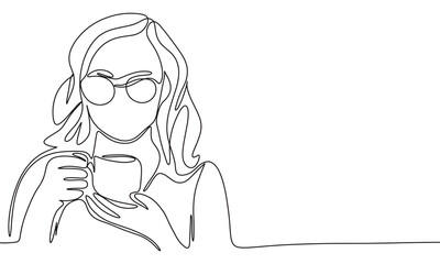 Woman with cup of coffee one line continuous. Woman with tea cup line art. Hand drawn vector art.