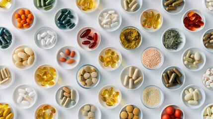 Flat Lay of Vitamin and Supplement Containers in a Minimalist Grid Pattern