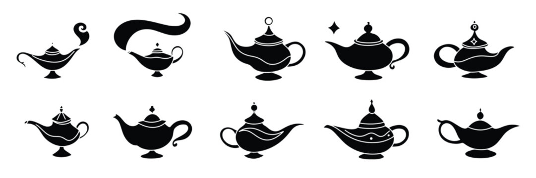 Collection of magic lamp silhouettes icon set. Hand drawn vector art. 