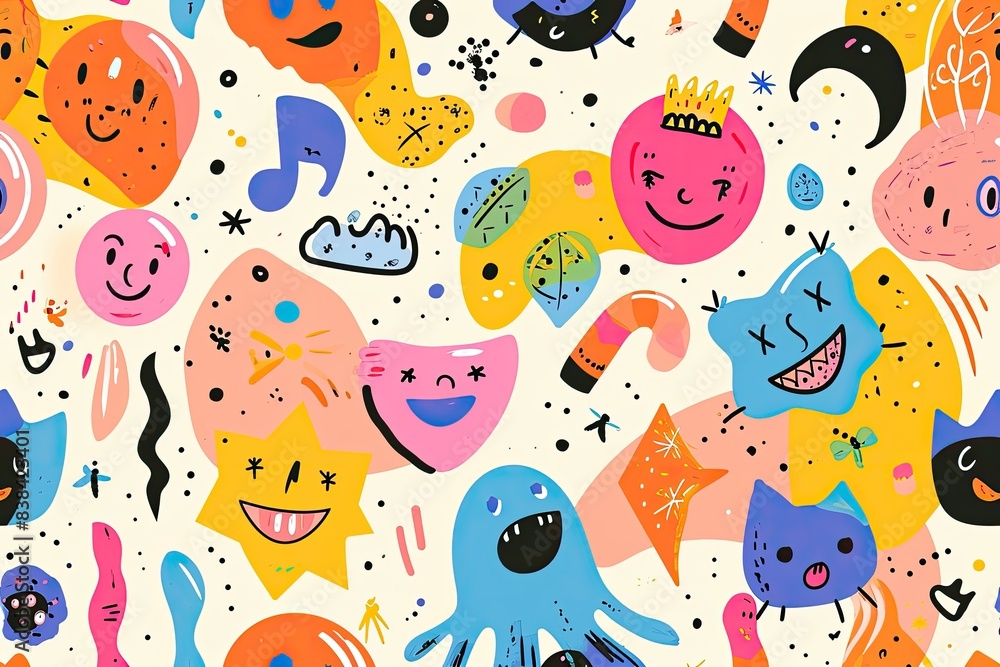 Poster a colorful fruit pattern with a smile on it, a colorful pattern of fruits and vegetables, happy and 