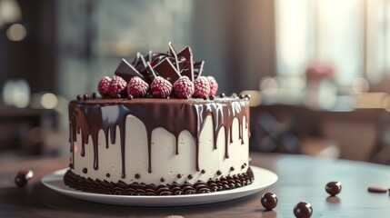 Happy Father's Day cake with chocolate toppings and elegant design, photorealistic, close up, dynamic, blend mode, party backdrop