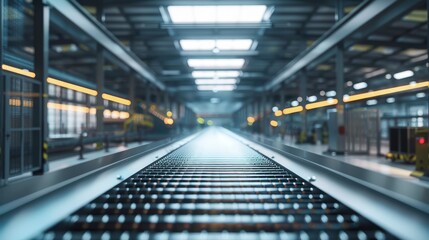 Fototapeta premium Empty conveyor belt in smart factory, efficient production line, industrial automation, minimalistic design, photorealistic, ethereal, double exposure, sleek interior