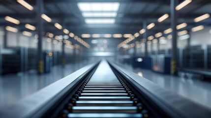 Fototapeta premium Empty conveyor belt in smart factory, efficient production line, industrial automation, minimalistic design, photorealistic, ethereal, double exposure, sleek interior
