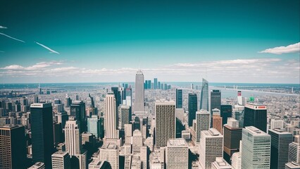 a city with tall buildings and a bridge in the distance with a blue sky in the background