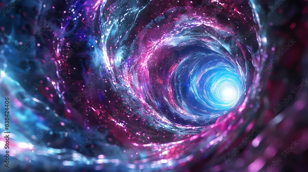 Poster a mesmerizing view of a cosmic wormhole with vibrant colors and swirling patterns representing a fut