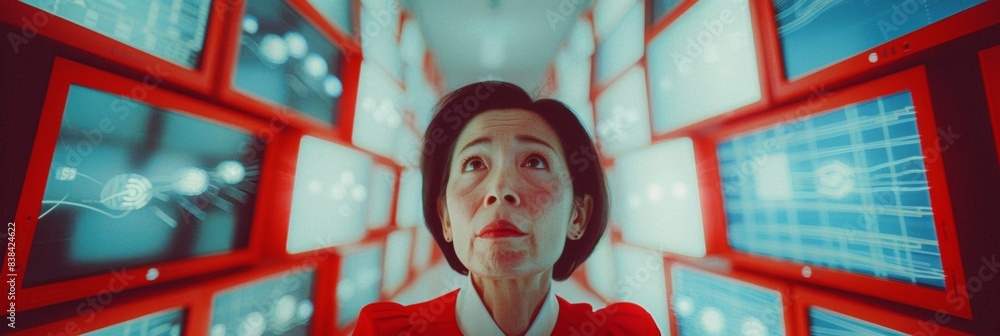 Poster asian female it manager utilizing ai for risk assessment in a high-tech office setting during aftern