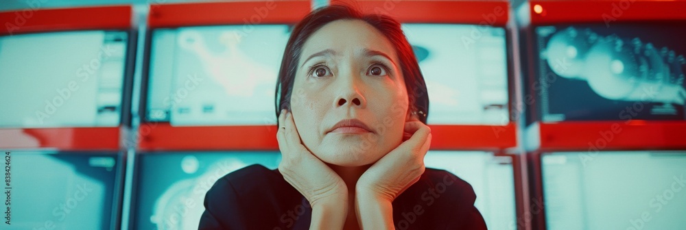 Poster focused asian it manager assessing risks with ai tools in modern office setting during afternoon
