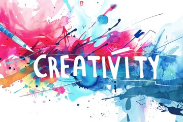 "CREATIVITY" painted across a background of vivid watercolor splashes in a fluid, abstract style with a mix of pink, blue, and white.