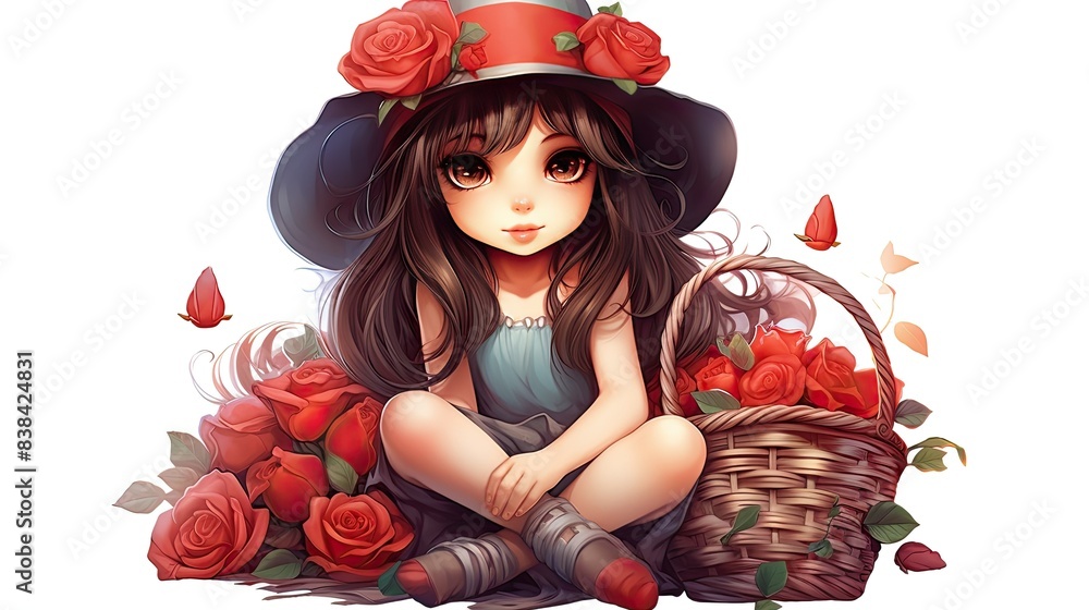 Poster cute girl with hat full of flowers