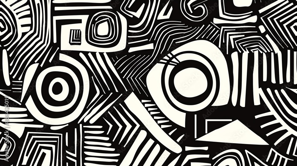 Poster abstract black and white geometric pattern with various shapes and lines creating a visually captiva
