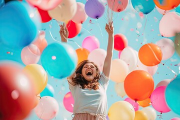 Joyful woman amid colorful balloons, a woman in a ball pit surrounded by balloons, Joyful cheering amidst a sea of colorful balloons