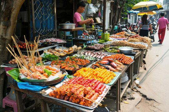 Colorful street food display, a street vendor selling food on a street, Local street food vendors in a foreign market