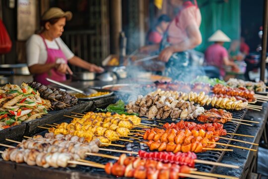 Colorful street food display, a street vendor selling food on a street, Local street food vendors in a foreign market