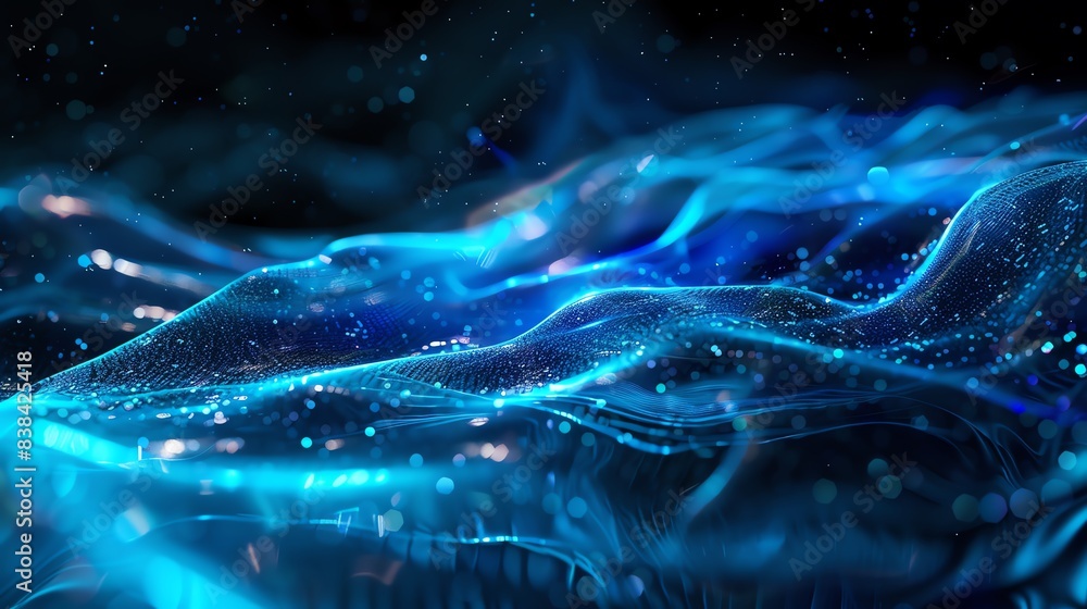 Poster abstract blue glowing wavy pattern with light particles creating a mystical and futuristic backgroun