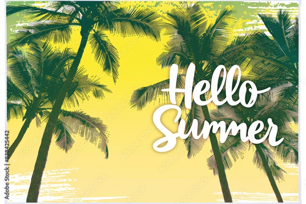 Poster palm trees and sky background, written in white on the right side of the picture, the text has a thi