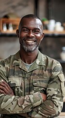Obraz premium A man in a military uniform is smiling and posing for a picture