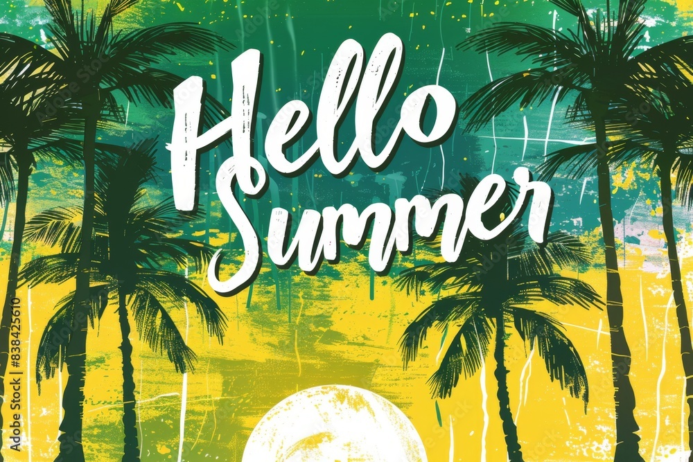 Poster Stripe with palm trees and a summer theme on a background of sky, palm trees and beach with the sun in the style of white calligraphy text Generative AI