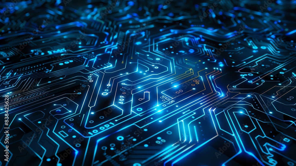 Poster abstract close-up of a futuristic blue circuit board with glowing elements, representing advanced te