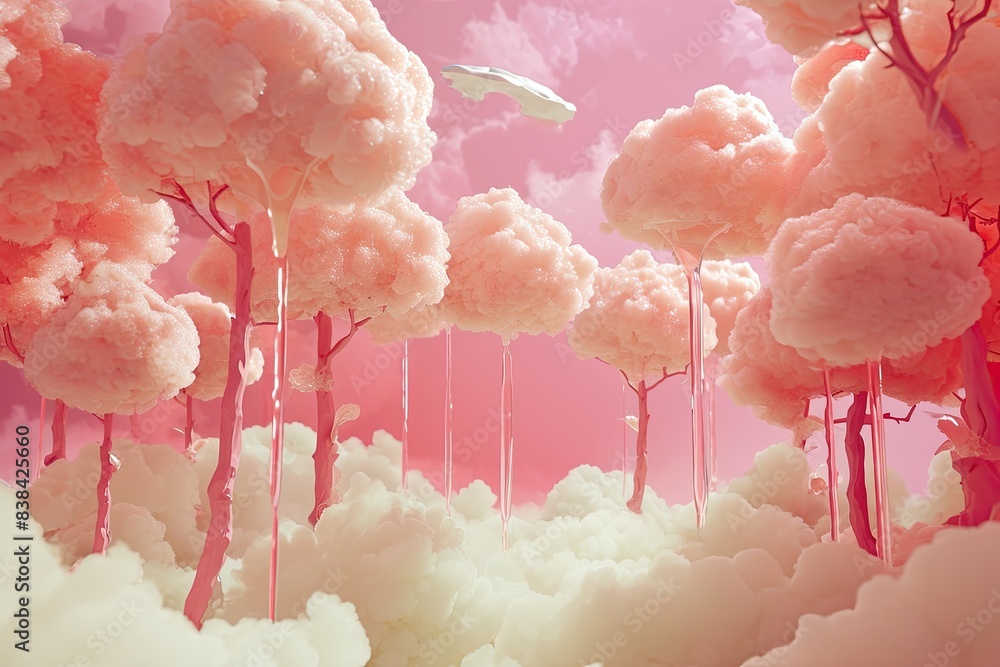 Aufkleber surreal pink cloud-trees, dreamlike scene, a pink sky with clouds and trees in the foreground, marsh