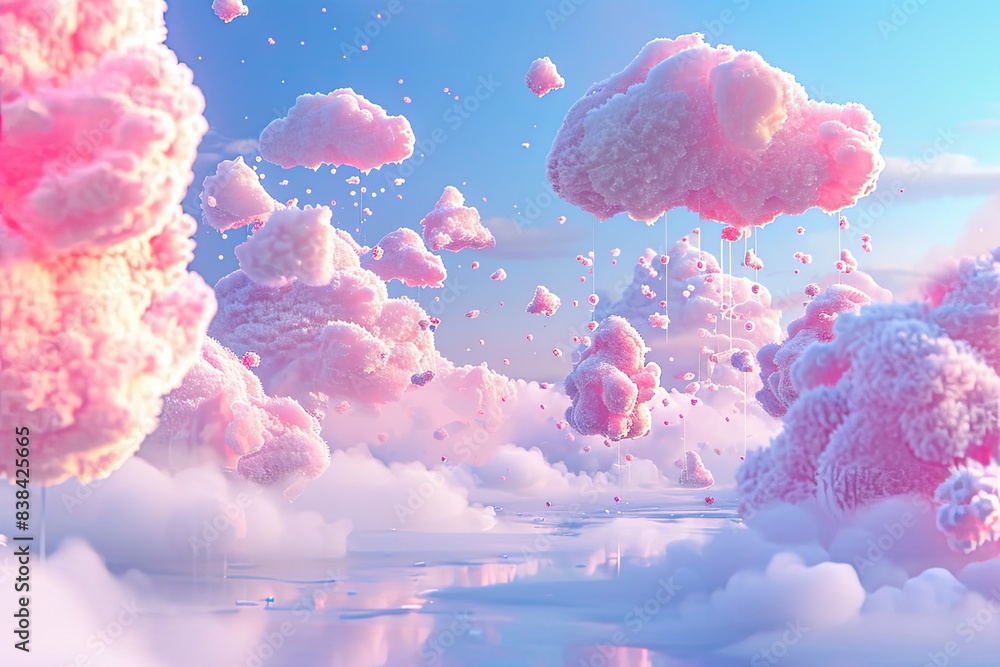 Aufkleber surreal pink cloud-trees, dreamlike scene, a pink sky with clouds and trees in the foreground, marsh
