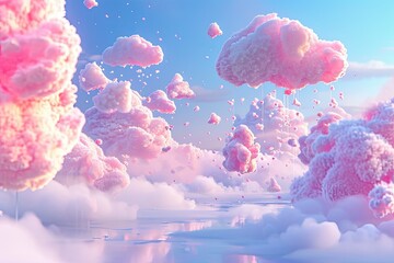 Surreal pink cloud-trees, dreamlike scene, a pink sky with clouds and trees in the foreground, Marshmallow clouds floating above a candy forest