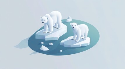 Obraz premium Two polar bears standing on ice floes in melting arctic sea.