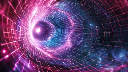 Obraz premium Abstract digital illustration of a colorful, glowing tunnel in space. Futuristic design with vibrant hues, grid patterns, and cosmic elements.