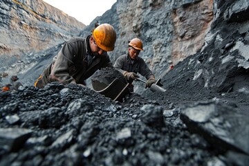 Two focused miners extracting coal, two men working in a coal mine, Miners extracting coal from a mine