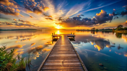 Obraz premium Stunning sunset over a serene lake with a wooden pier leading to the horizon, reflecting the vibrant colors of the sky.