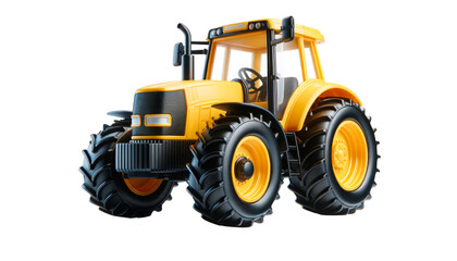 Yellow toy tractor, isolated on a white background. Suitable for children's toys, educational tools, and agricultural-themed content. Premium PNG format with a transparent background.