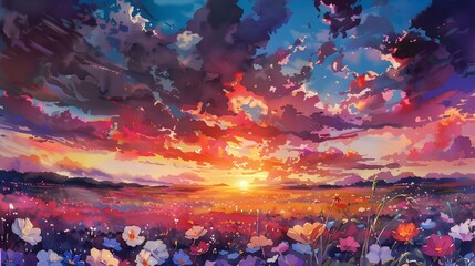 Breathtaking Sunset Landscape With Vibrant Clouds and Colorful Floral Field