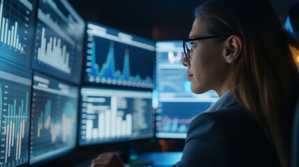 A business analyst examines data and graphs on a computer screen