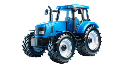 Obraz premium Blue toy tractor on a white background. Ideal for agricultural-themed toys, educational tools, and farm-related projects. Premium PNG format with a transparent background.