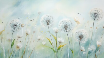 dandelions with seeds flying in the wind