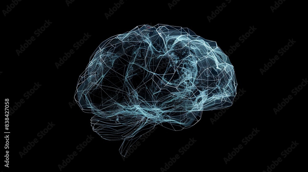 Poster abstract digital representation of a human brain with interconnected neural network lines on a black