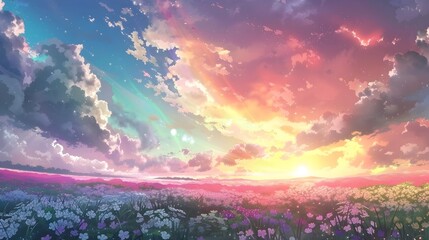 Naklejka premium Breathtaking Sunset Over Flourishing Flower Meadow in Peaceful Rural Landscape